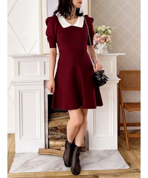 MIIA（ミーア）の「衿付配色ニットフレアワンピース（ワンピース・レディース・ベージュ/ブラック/ブルー/ボルドー・FREE）」の21枚目の写真