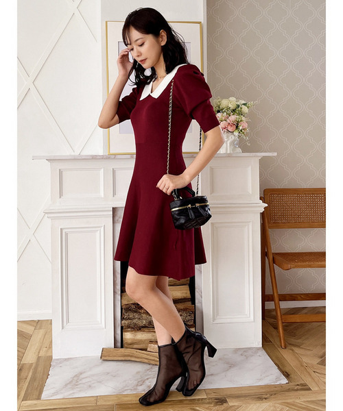 衿付配色ニットフレアワンピース（ワンピース）｜MIIA（ミーア）の