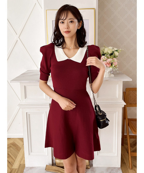 衿付配色ニットフレアワンピース（ワンピース）｜MIIA（ミーア）の