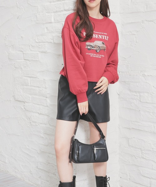 Honeys（ハニーズ）の「ショート丈ゆるトップス（Tシャツ/カットソー・レディース・杢グレー/アイボリー/スミクロ/レッド/グリーン・S/M/L）」の12枚目の写真
