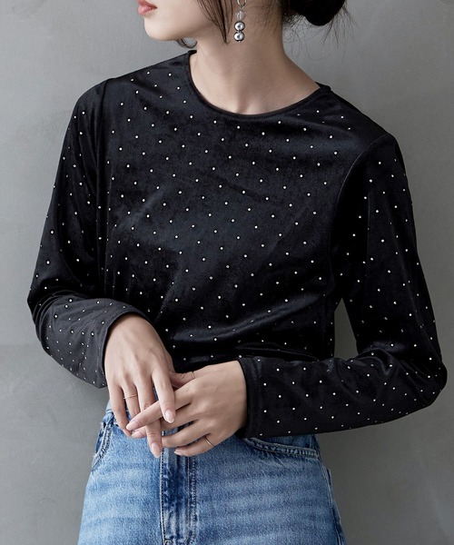 ラインストーンベロアトップス（Tシャツ/カットソー）｜etoll.（エトル