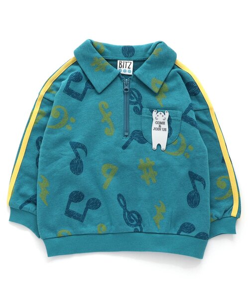 BIT'Z（ビッツ）の「【セットアップ可】音符柄&動物読書柄ハーフジッププルオーバー（スウェット・キッズ・グレー/ターコイズブルー/キナリ/カーキ・80/90/95/100/110/120）」の4枚目の写真