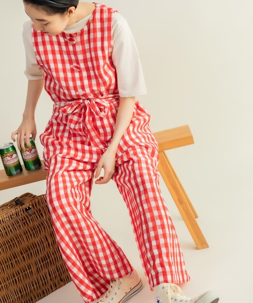 CHILD WOMAN（チャイルドウーマン）の「☆リネン/キュプラ コードギンガムワッシャーサロペット（サロペット/オーバーオール・レディース・レッド/ブラック・FREE）」の4枚目の写真