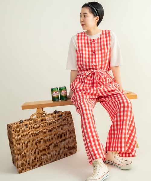CHILD WOMAN（チャイルドウーマン）の「☆リネン/キュプラ コードギンガムワッシャーサロペット（サロペット/オーバーオール・レディース・レッド/ブラック・FREE）」の3枚目の写真