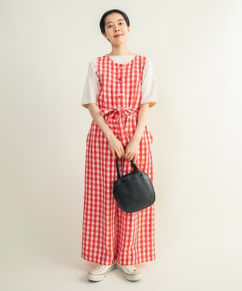 CHILD WOMAN（チャイルドウーマン）の「☆リネン/キュプラ コードギンガムワッシャーサロペット（サロペット/オーバーオール・レディース・レッド/ブラック・FREE）」の6枚目の写真