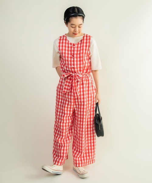 CHILD WOMAN（チャイルドウーマン）の「☆リネン/キュプラ コードギンガムワッシャーサロペット（サロペット/オーバーオール・レディース・レッド/ブラック・FREE）」の9枚目の写真