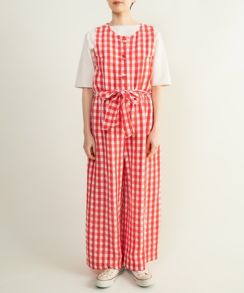 CHILD WOMAN（チャイルドウーマン）の「☆リネン/キュプラ コードギンガムワッシャーサロペット（サロペット/オーバーオール・レディース・レッド/ブラック・FREE）」の15枚目の写真