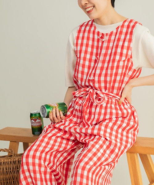 CHILD WOMAN（チャイルドウーマン）の「☆リネン/キュプラ コードギンガムワッシャーサロペット（サロペット/オーバーオール・レディース・レッド/ブラック・FREE）」の5枚目の写真