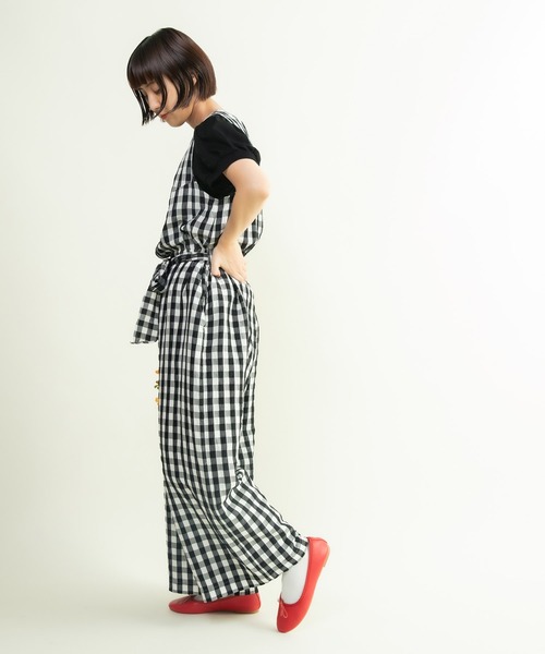 CHILD WOMAN（チャイルドウーマン）の「☆リネン/キュプラ コードギンガムワッシャーサロペット（サロペット/オーバーオール・レディース・レッド/ブラック・FREE）」の12枚目の写真