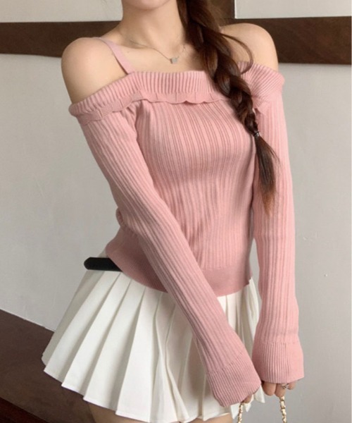 kirakiraShop(キラキラショップ)の「ストラップ オフショルダー リブニット トップス(ニット/セーター・レディース・ホワイト/ピンク/グレー/ブラック・FREE)」の4枚目の写真