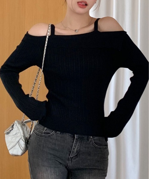 kirakiraShop(キラキラショップ)の「ストラップ オフショルダー リブニット トップス(ニット/セーター・レディース・ホワイト/ピンク/グレー/ブラック・FREE)」の7枚目の写真