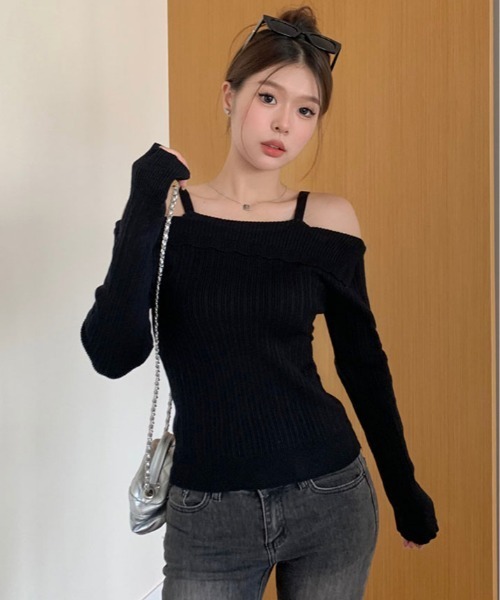 kirakiraShop(キラキラショップ)の「ストラップ オフショルダー リブニット トップス(ニット/セーター・レディース・ホワイト/ピンク/グレー/ブラック・FREE)」の8枚目の写真