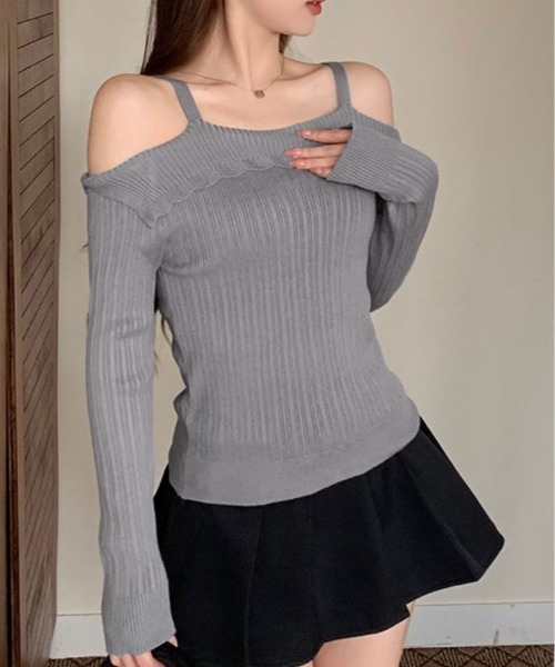 kirakiraShop(キラキラショップ)の「ストラップ オフショルダー リブニット トップス(ニット/セーター・レディース・ホワイト/ピンク/グレー/ブラック・FREE)」の9枚目の写真