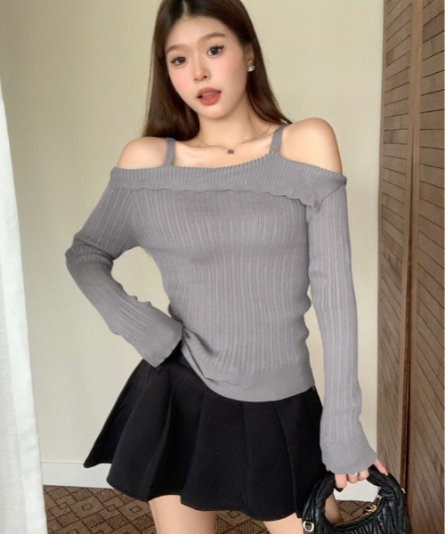 kirakiraShop(キラキラショップ)の「ストラップ オフショルダー リブニット トップス(ニット/セーター・レディース・ホワイト/ピンク/グレー/ブラック・FREE)」の10枚目の写真