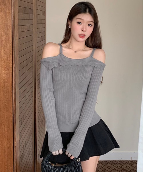 kirakiraShop(キラキラショップ)の「ストラップ オフショルダー リブニット トップス(ニット/セーター・レディース・ホワイト/ピンク/グレー/ブラック・FREE)」の11枚目の写真