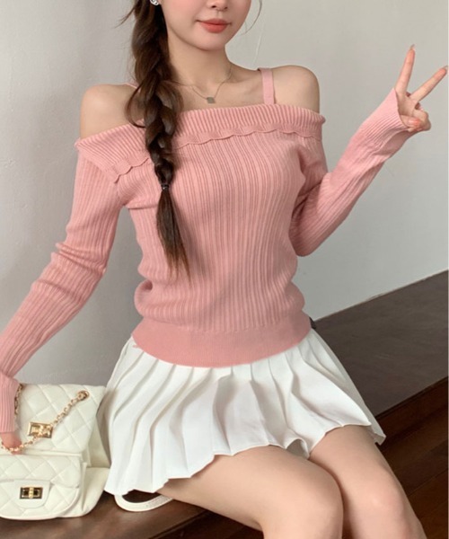 kirakiraShop(キラキラショップ)の「ストラップ オフショルダー リブニット トップス(ニット/セーター・レディース・ホワイト/ピンク/グレー/ブラック・FREE)」の12枚目の写真