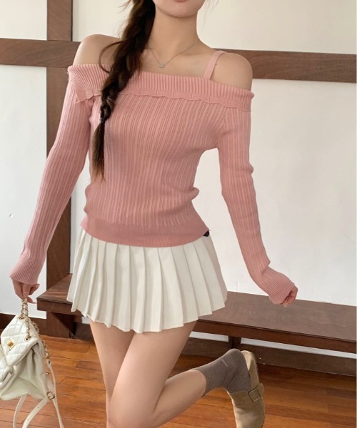 kirakiraShop(キラキラショップ)の「ストラップ オフショルダー リブニット トップス(ニット/セーター・レディース・ホワイト/ピンク/グレー/ブラック・FREE)」の13枚目の写真