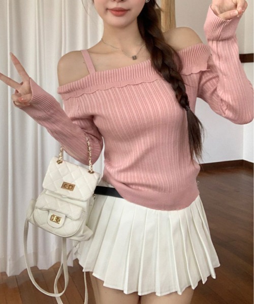 kirakiraShop(キラキラショップ)の「ストラップ オフショルダー リブニット トップス(ニット/セーター・レディース・ホワイト/ピンク/グレー/ブラック・FREE)」の14枚目の写真