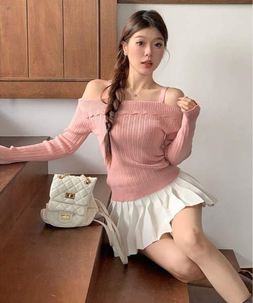 kirakiraShop(キラキラショップ)の「ストラップ オフショルダー リブニット トップス(ニット/セーター・レディース・ホワイト/ピンク/グレー/ブラック・FREE)」の15枚目の写真