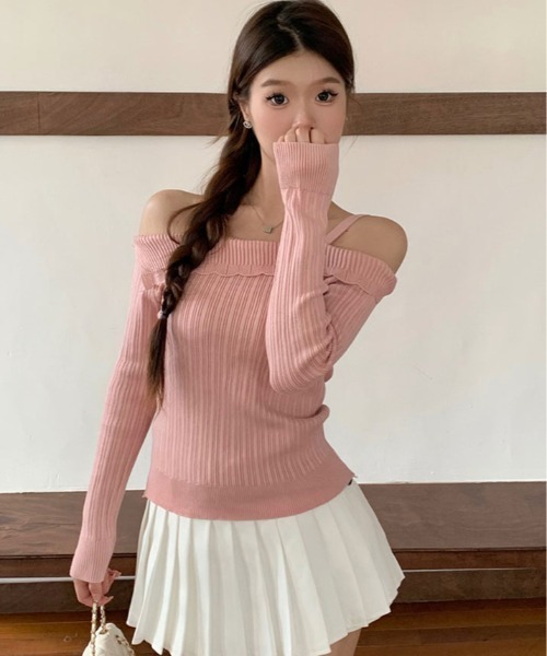 kirakiraShop(キラキラショップ)の「ストラップ オフショルダー リブニット トップス(ニット/セーター・レディース・ホワイト/ピンク/グレー/ブラック・FREE)」の16枚目の写真