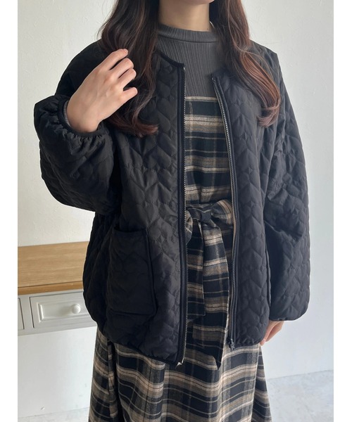 リバーシブル】中綿ハートキルト×ファーノーカラージャケット（その他