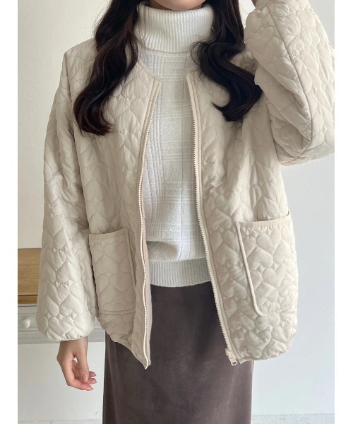 リバーシブル】中綿ハートキルト×ファーノーカラージャケット（その他