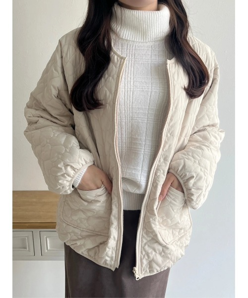 リバーシブル】中綿ハートキルト×ファーノーカラージャケット（その他