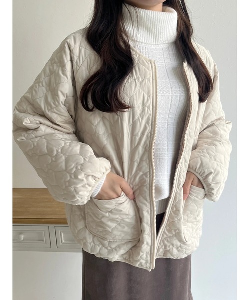 リバーシブル】中綿ハートキルト×ファーノーカラージャケット（その他