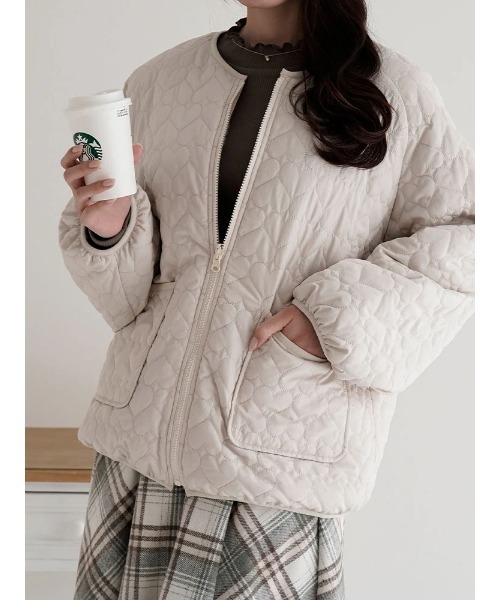 リバーシブル】中綿ハートキルト×ファーノーカラージャケット（その他