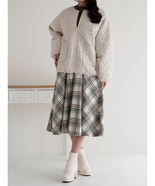 リバーシブル】中綿ハートキルト×ファーノーカラージャケット（その他