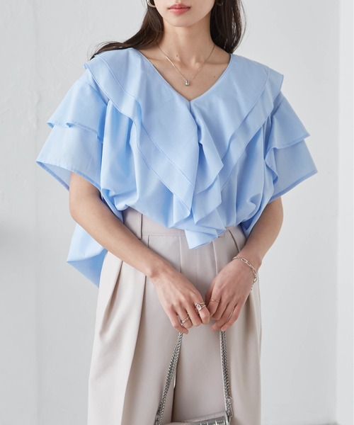 RANAN（ラナン）の「ビッグカラーフリルハーフスリーブブラウス（シャツ/ブラウス・レディース・ブルー/ホワイト/チャコール/ミント・LL/L/M）」の14枚目の写真