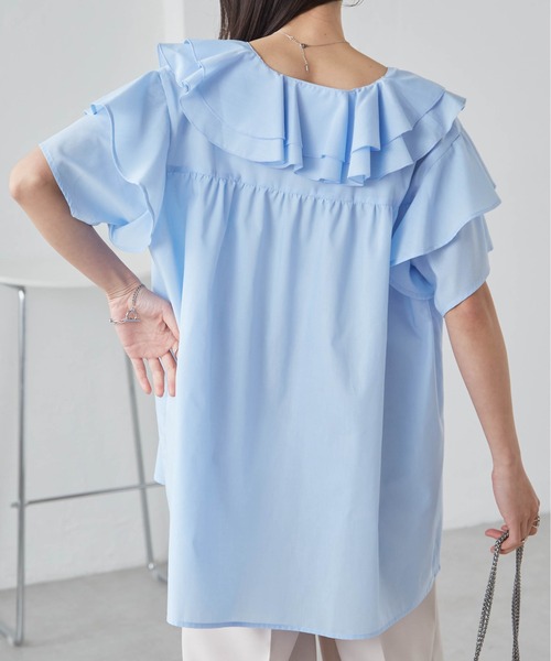 RANAN（ラナン）の「ビッグカラーフリルハーフスリーブブラウス（シャツ/ブラウス・レディース・ブルー/ホワイト/チャコール/ミント・LL/L/M）」の15枚目の写真