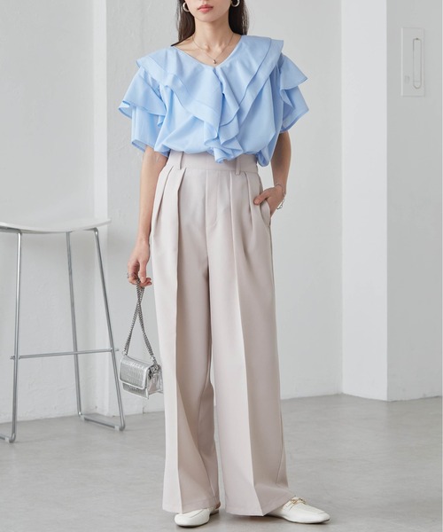 RANAN（ラナン）の「ビッグカラーフリルハーフスリーブブラウス（シャツ/ブラウス・レディース・ブルー/ホワイト/チャコール/ミント・LL/L/M）」の16枚目の写真