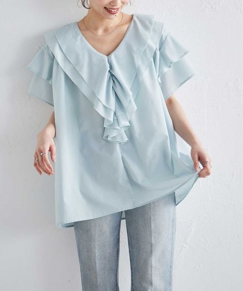 RANAN（ラナン）の「ビッグカラーフリルハーフスリーブブラウス（シャツ/ブラウス・レディース・ブルー/ホワイト/チャコール/ミント・LL/L/M）」の19枚目の写真