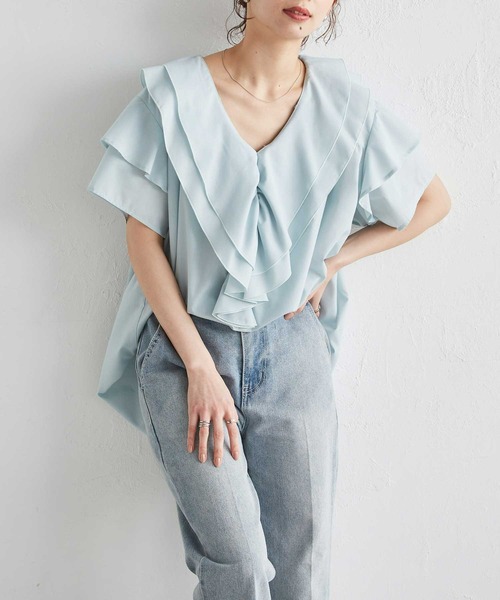 RANAN（ラナン）の「ビッグカラーフリルハーフスリーブブラウス（シャツ/ブラウス・レディース・ブルー/ホワイト/チャコール/ミント・LL/L/M）」の20枚目の写真