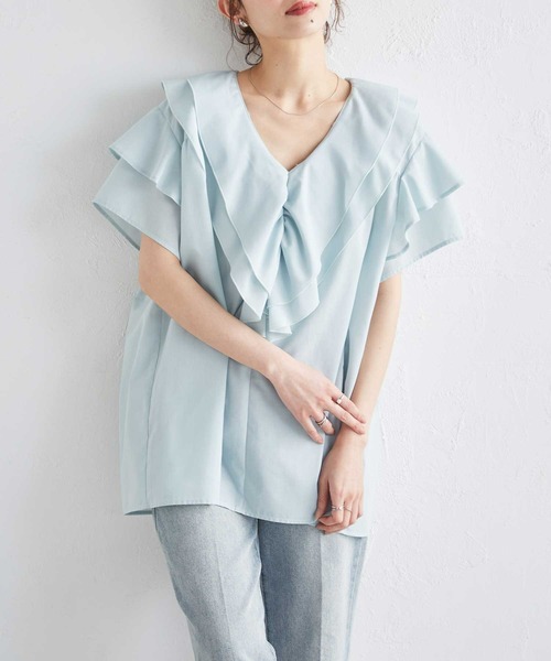 RANAN（ラナン）の「ビッグカラーフリルハーフスリーブブラウス（シャツ/ブラウス・レディース・ブルー/ホワイト/チャコール/ミント・LL/L/M）」の21枚目の写真