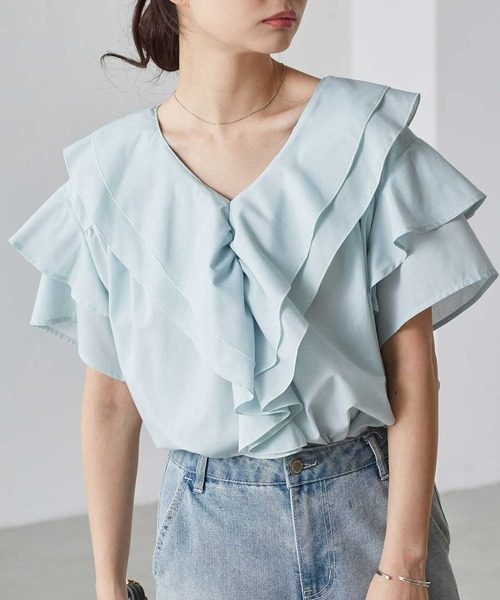 RANAN（ラナン）の「ビッグカラーフリルハーフスリーブブラウス（シャツ/ブラウス・レディース・ブルー/ホワイト/チャコール/ミント・LL/L/M）」の22枚目の写真