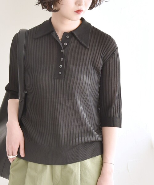 quaranciel(カランシエル)の「quaranciel:〈手洗い可能〉シアー ラメ ポロ リブ ニット プルオーバー(ニット/セーター・レディース・ベージュ/ブラック/シルバー・ONE SIZE)」の8枚目の写真