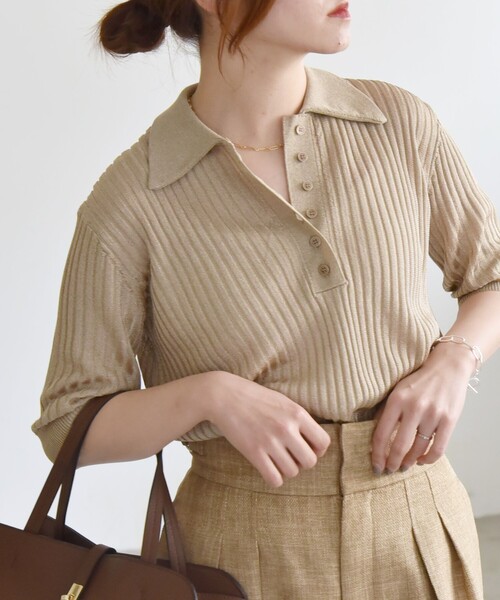 quaranciel(カランシエル)の「quaranciel:〈手洗い可能〉シアー ラメ ポロ リブ ニット プルオーバー(ニット/セーター・レディース・ベージュ/ブラック/シルバー・ONE SIZE)」の12枚目の写真