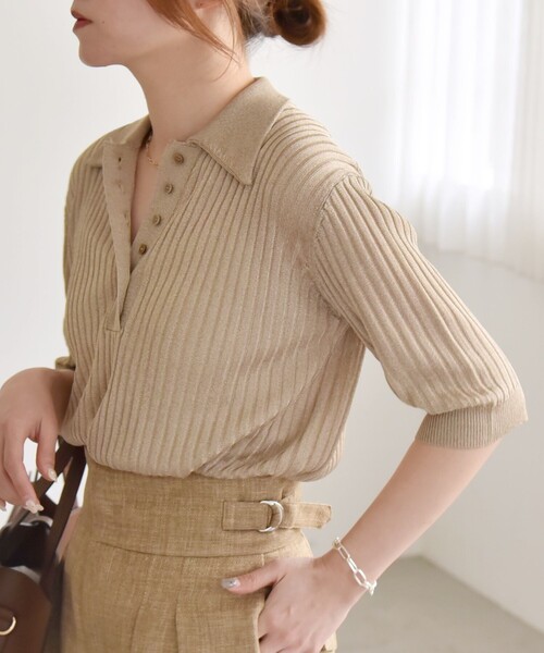 ニット セーター quaranciel:「手洗い可能」シアー ラメ ポロ リブ ニット プルオーバー レディース quaranciel:〈手洗い可能〉シアー ラメ ポロ リブ ニット プル