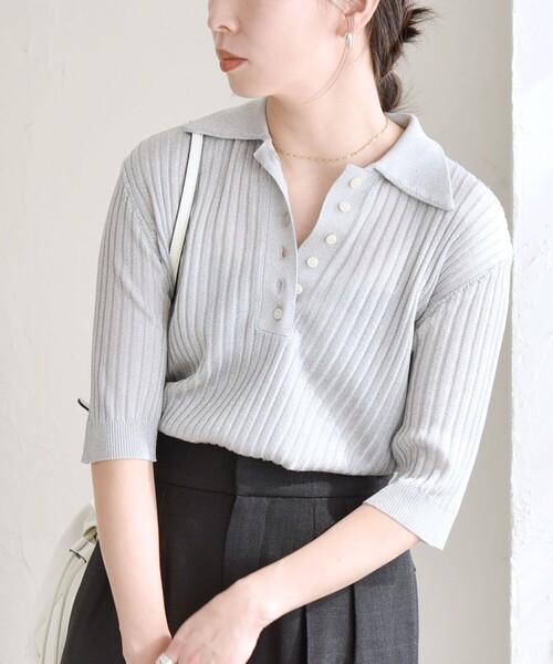 quaranciel(カランシエル)の「quaranciel:〈手洗い可能〉シアー ラメ ポロ リブ ニット プルオーバー(ニット/セーター・レディース・ベージュ/ブラック/シルバー・ONE SIZE)」の21枚目の写真