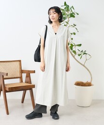 【 】シンプル Vネック キャップスリーブ ワンピース Vネックギャザーフレアニットワンピース-short & regular | 小柄