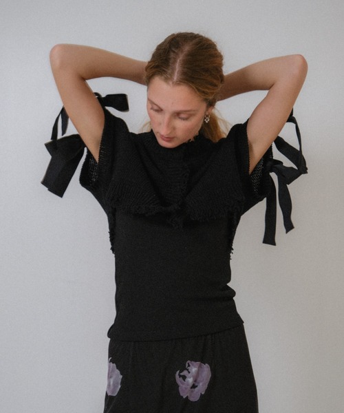 HONEY MI HONEY(ハニーミーハニー)の「cropped ribbon cardigan(カーディガン/ボレロ・レディース・ベージュ/ホワイト/ブラック・FREE)」の1枚目の写真