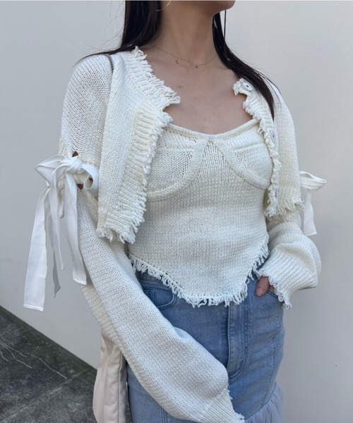 HONEY MI HONEY(ハニーミーハニー)の「cropped ribbon cardigan(カーディガン/ボレロ・レディース・ベージュ/ホワイト/ブラック・FREE)」の5枚目の写真