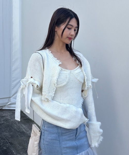 HONEY MI HONEY(ハニーミーハニー)の「cropped ribbon cardigan(カーディガン/ボレロ・レディース・ベージュ/ホワイト/ブラック・FREE)」の6枚目の写真