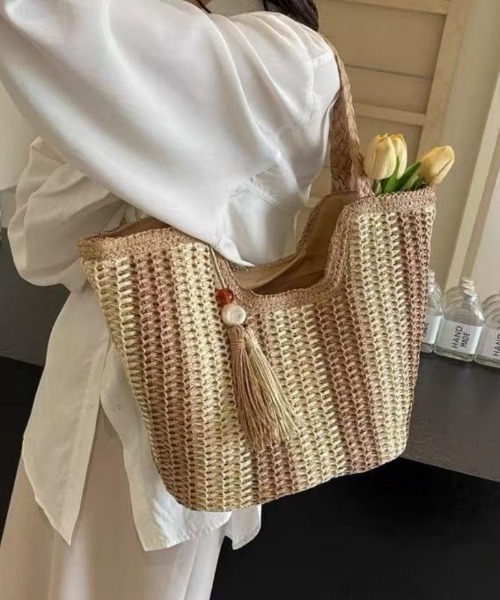 R. 　WOVEN ストライプ かごバッグ セール】ストライプショルダーくったり編みカゴトートバッグ