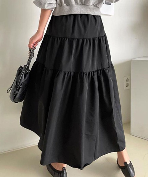 CADBURY（キャドバリー）の「ﾎﾞﾘｭｰﾑﾃｨｱｰﾄﾞﾛﾝｸﾞｽｶｰﾄ（スカート・レディース・ブラック/ベージュ・MEDIUM/SMALL/X-LARGE/LARGE）」の4枚目の写真