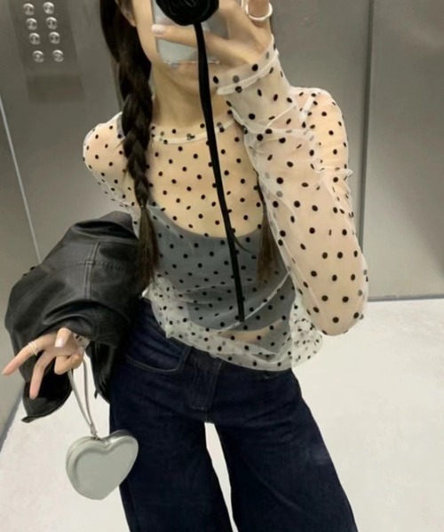 セール】Nia(ニア)/ドット柄シースルートップス（Tシャツ