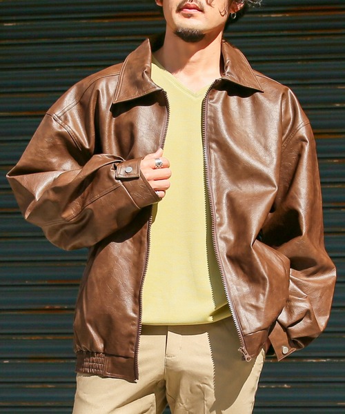 LUXSTYLE（ラグスタイル）の「PUレザージップアップブルゾン（ライダースジャケット・メンズ・チャコールグレー/ブラウン・M/L）」の2枚目の写真