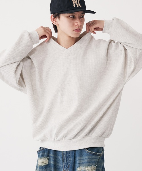 Adoon plain(アドーンプレーン)の「Shallow V-neck Thermal T-shrt / 浅VネックサーマルTシャツ(Tシャツ/カットソー・メンズ・ネイビー/ライトグレー・MEDIUM/LARGE)」の2枚目の写真